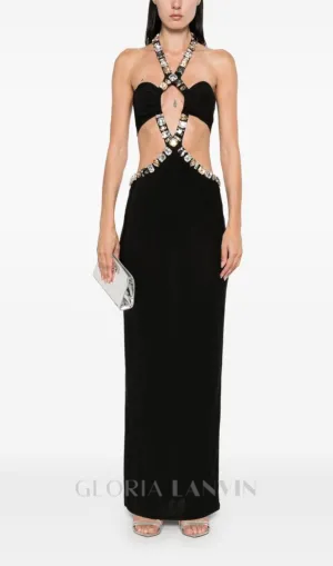 ADELA CRYSTAL EMBELLISHMENT HALTER NECK BLACK MAXI DRESS Gloria Lanvin