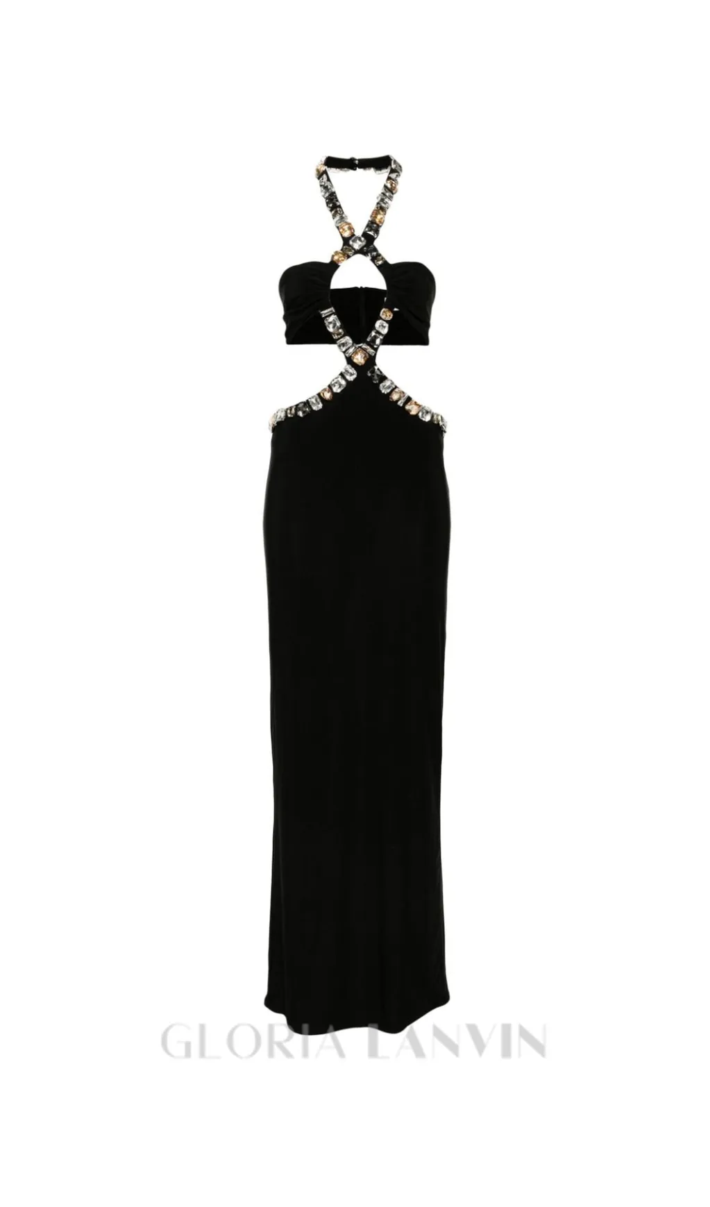 ADELA CRYSTAL EMBELLISHMENT HALTER NECK BLACK MAXI DRESS Gloria Lanvin