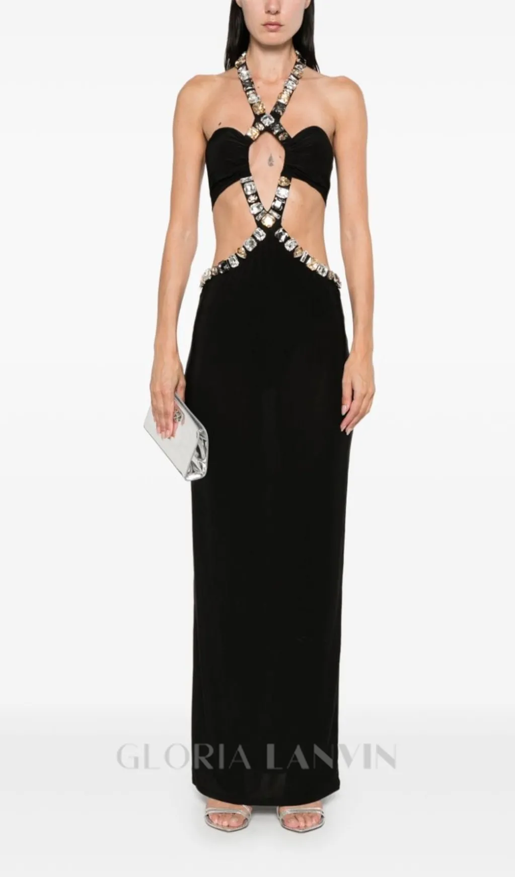 ADELA CRYSTAL EMBELLISHMENT HALTER NECK BLACK MAXI DRESS Gloria Lanvin