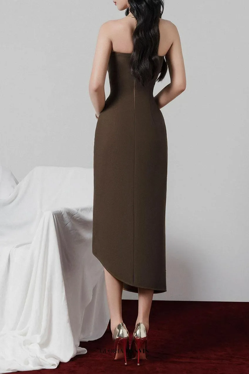 adelaide Strapless Asymmetric Midi Dress in brown Gloria Lanvin