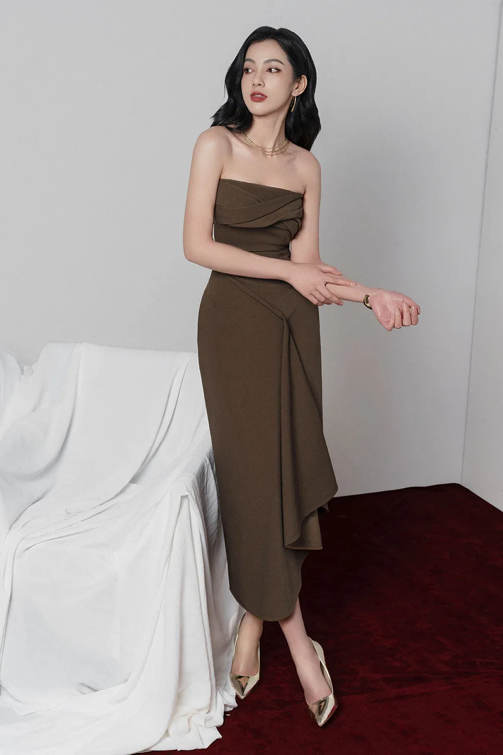 adelaide Strapless Asymmetric Midi Dress in brown Gloria Lanvin