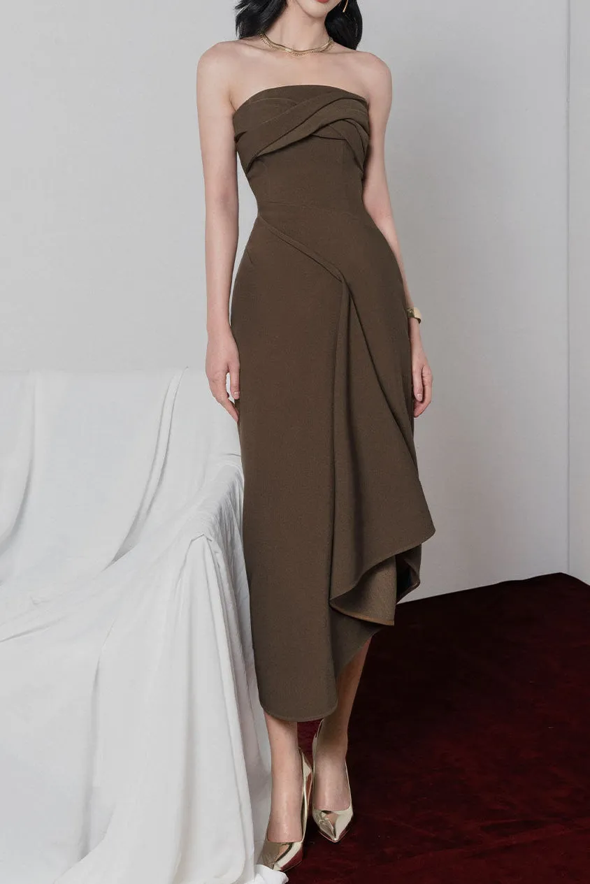 adelaide Strapless Asymmetric Midi Dress in brown Gloria Lanvin