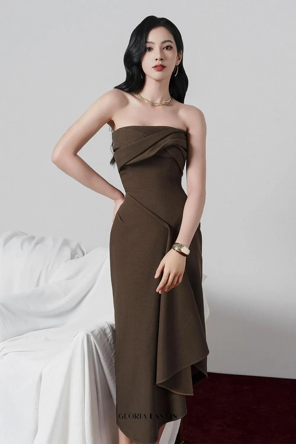 adelaide Strapless Asymmetric Midi Dress in brown Gloria Lanvin