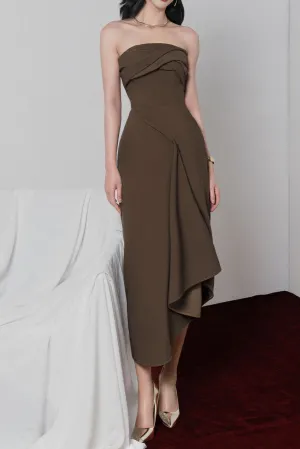 adelaide Strapless Asymmetric Midi Dress in brown Gloria Lanvin