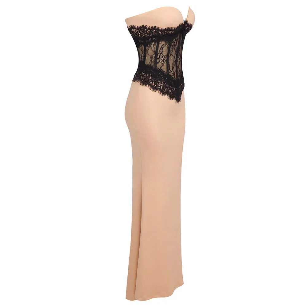 ADELE CREPE LACE CORSET MAXI DRESS IN BEIGE Gloria Lanvin