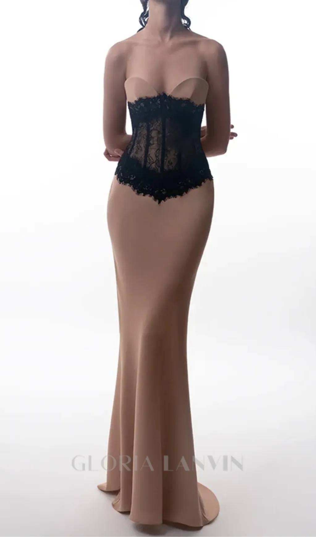 ADELE CREPE LACE CORSET MAXI DRESS IN BEIGE Gloria Lanvin