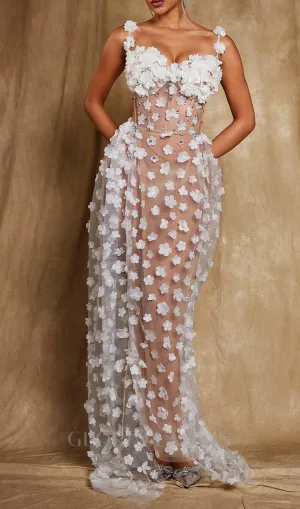 ADELE SPAGHETTI FLOWER CORSET MAXI DRESS IN WHITE Gloria Lanvin