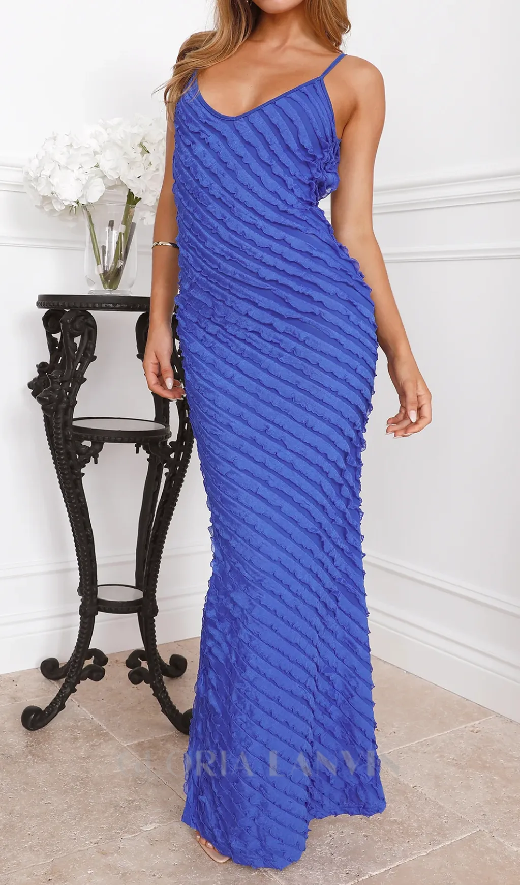 adjustable spaghetti straps maxi dress in royal blue Gloria Lanvin
