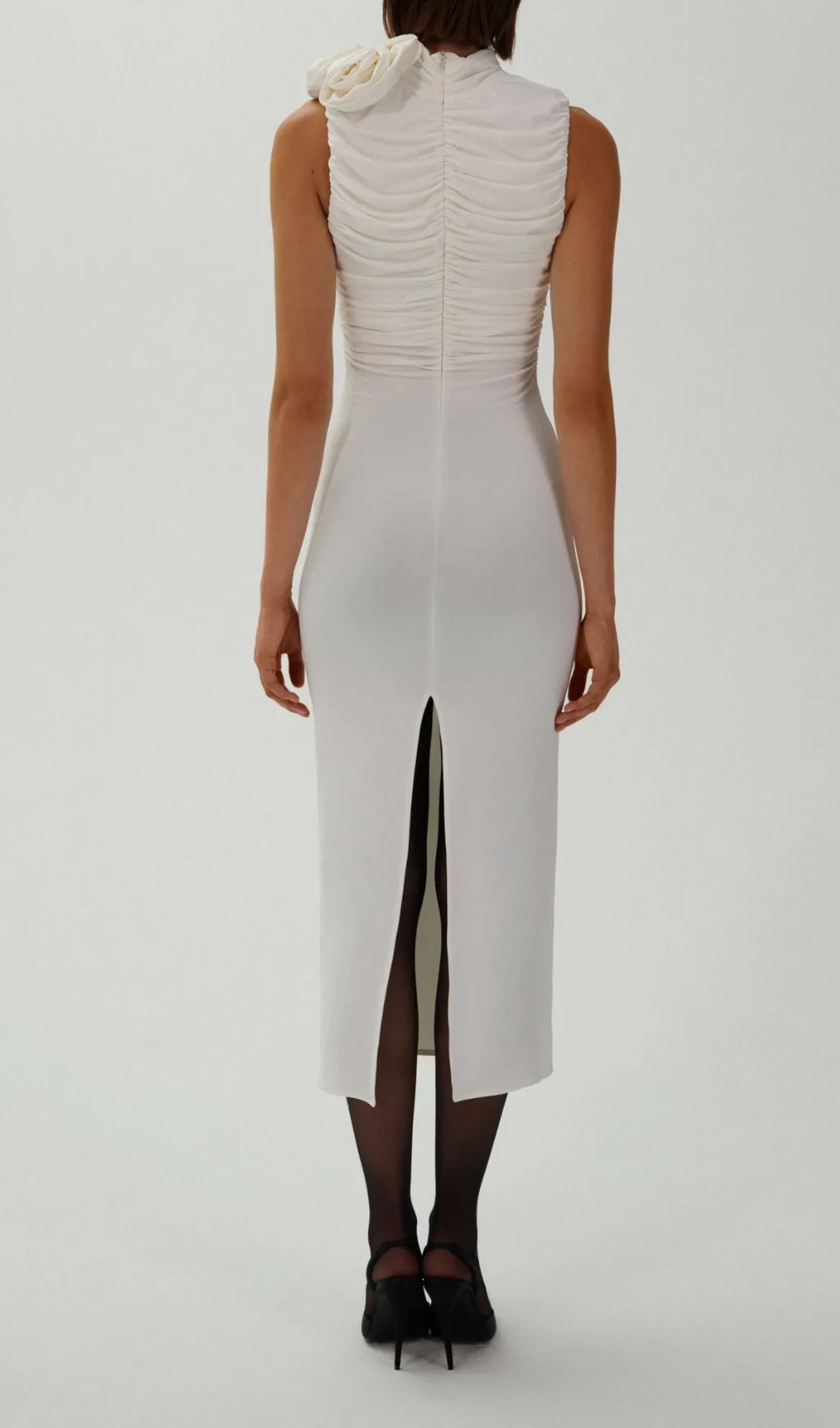 ADORA FLOWER EMBELLISHED RUCHED MIDI DRESS IN CREAM Gloria Lanvin