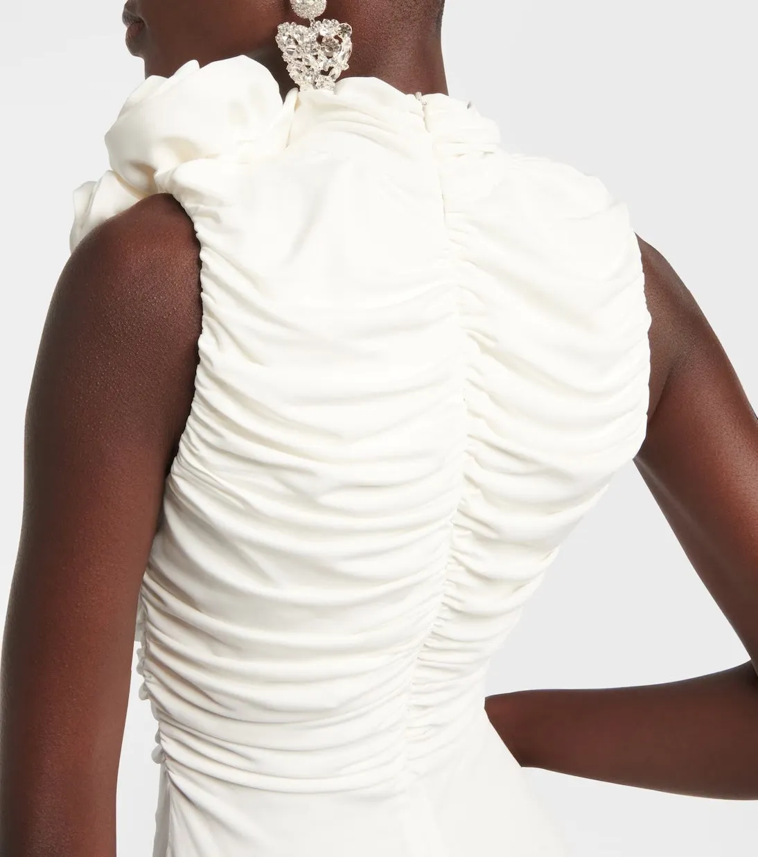 ADORA FLOWER EMBELLISHED RUCHED MIDI DRESS IN CREAM Gloria Lanvin
