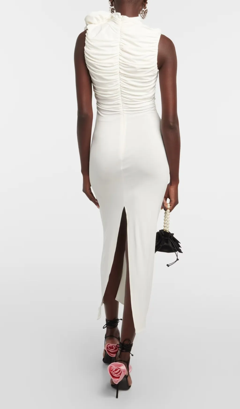 ADORA FLOWER EMBELLISHED RUCHED MIDI DRESS IN CREAM Gloria Lanvin