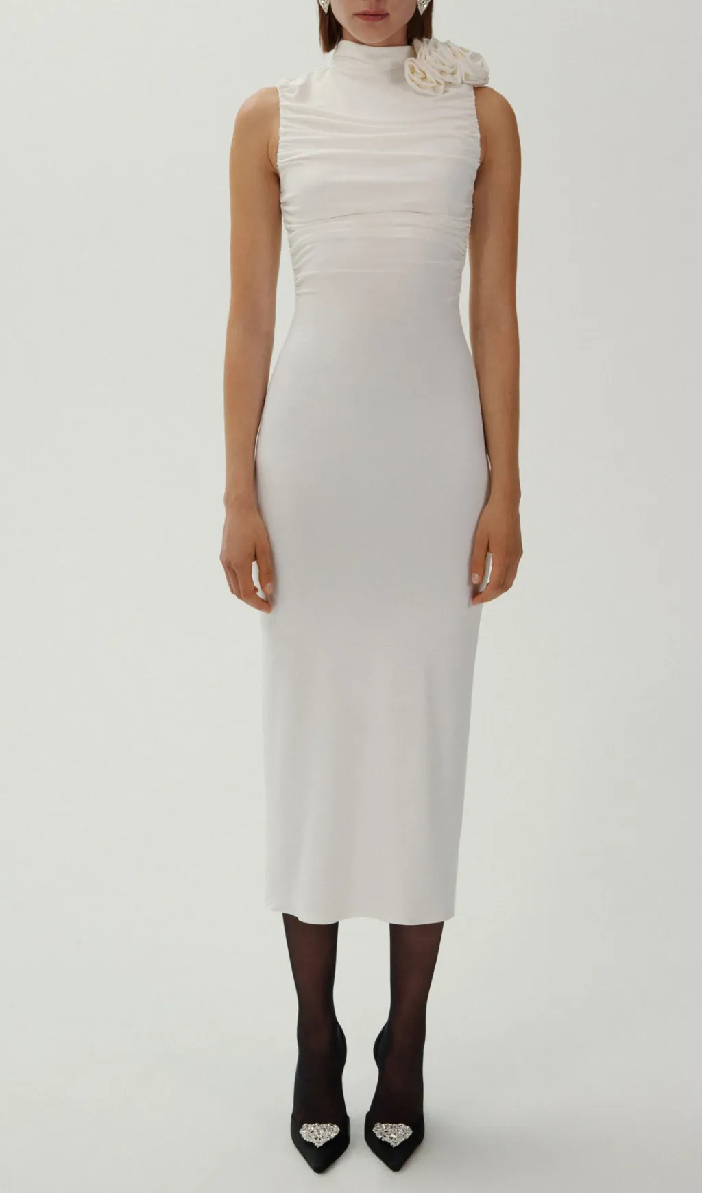 ADORA FLOWER EMBELLISHED RUCHED MIDI DRESS IN CREAM Gloria Lanvin
