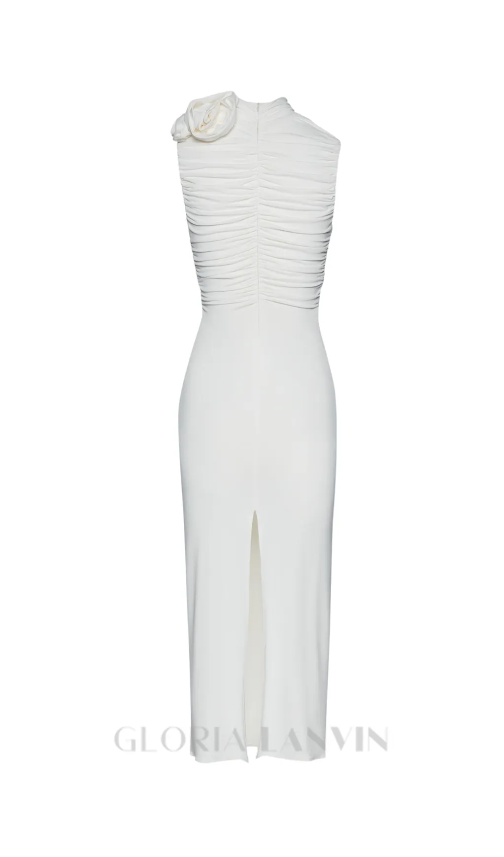 ADORA FLOWER EMBELLISHED RUCHED MIDI DRESS IN CREAM Gloria Lanvin