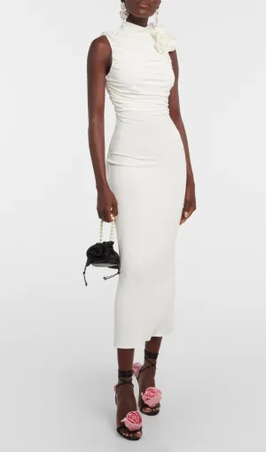 ADORA FLOWER EMBELLISHED RUCHED MIDI DRESS IN CREAM Gloria Lanvin