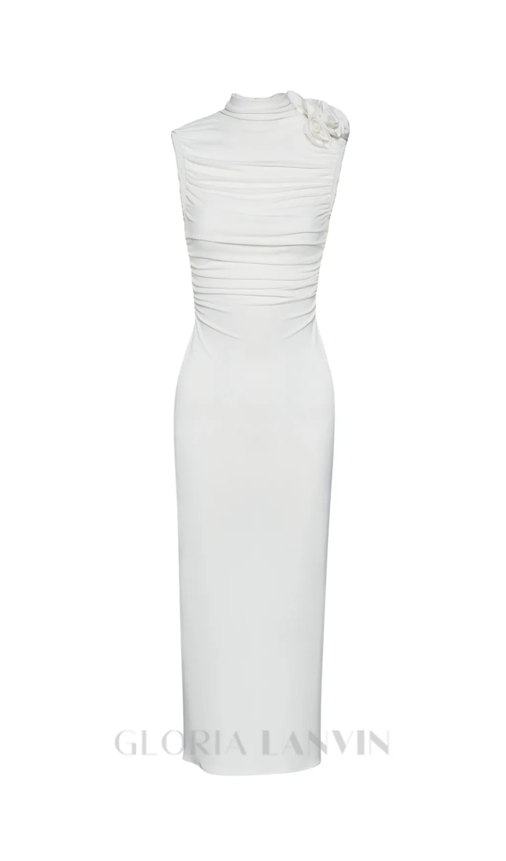 ADORA FLOWER EMBELLISHED RUCHED MIDI DRESS IN CREAM Gloria Lanvin