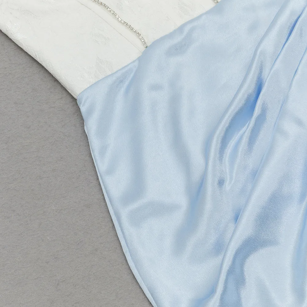 ADORA WHITE BLUE LACE BUSTIER DRAPED MIDI DRESS Gloria Lanvin