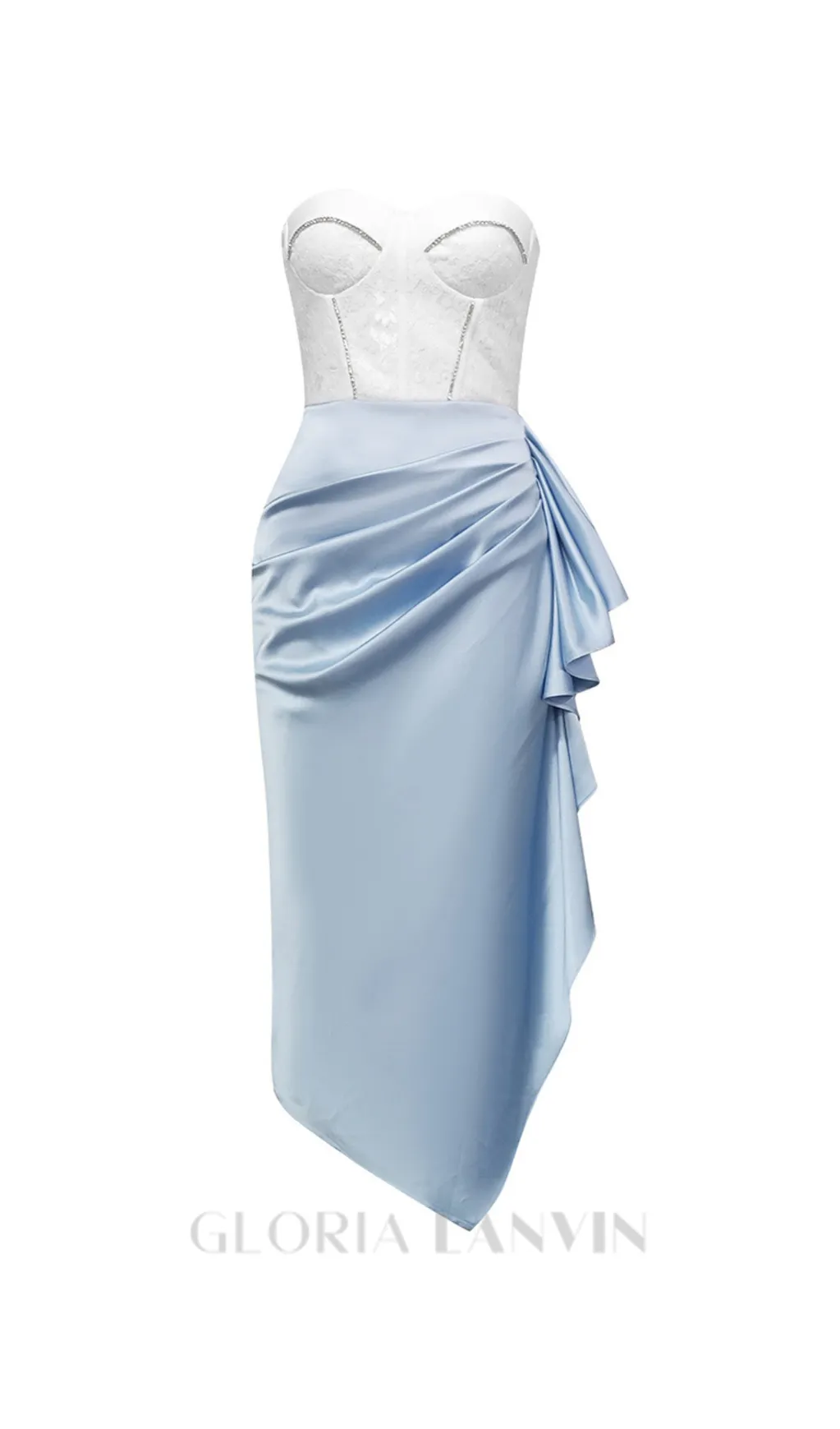 ADORA WHITE BLUE LACE BUSTIER DRAPED MIDI DRESS Gloria Lanvin
