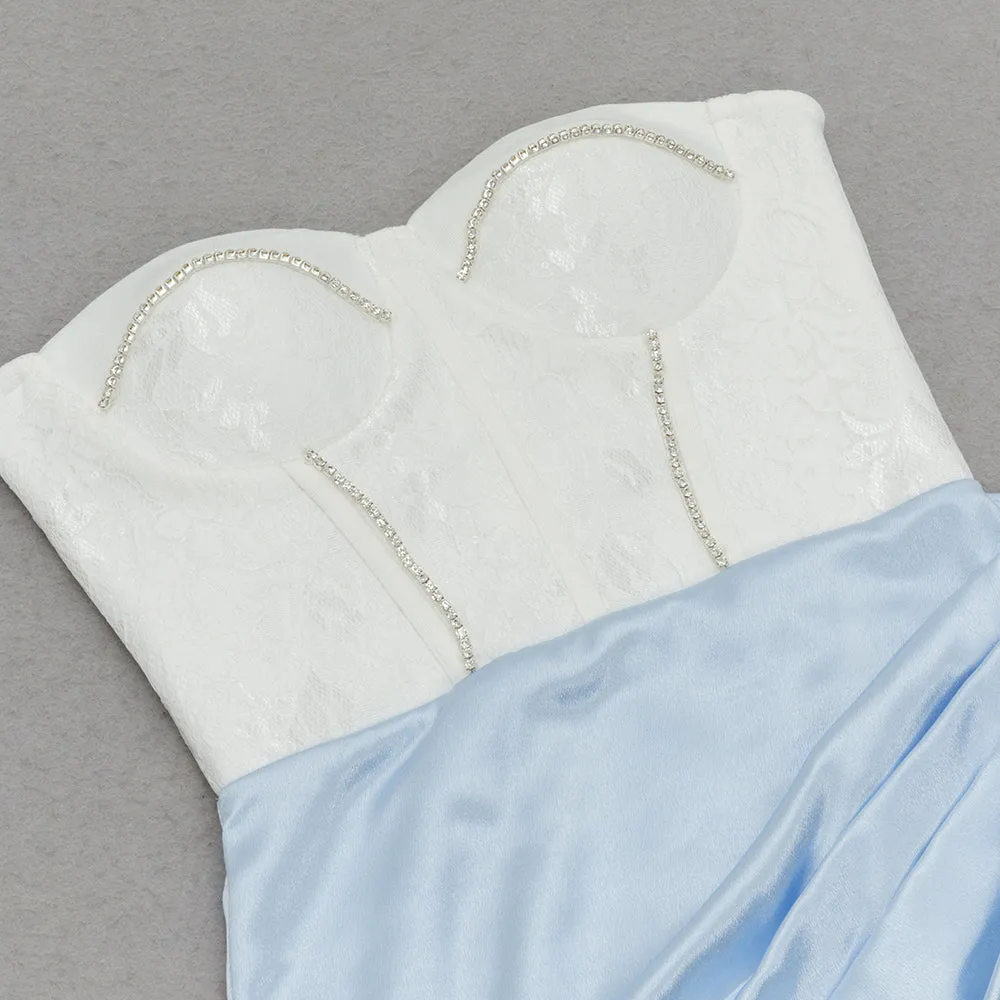 ADORA WHITE BLUE LACE BUSTIER DRAPED MIDI DRESS Gloria Lanvin