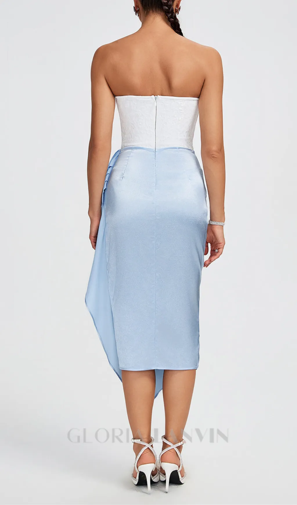 ADORA WHITE BLUE LACE BUSTIER DRAPED MIDI DRESS Gloria Lanvin