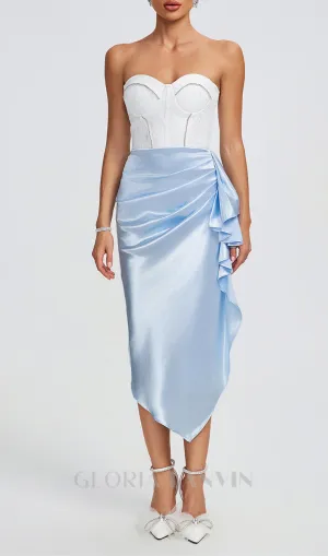 ADORA WHITE BLUE LACE BUSTIER DRAPED MIDI DRESS Gloria Lanvin