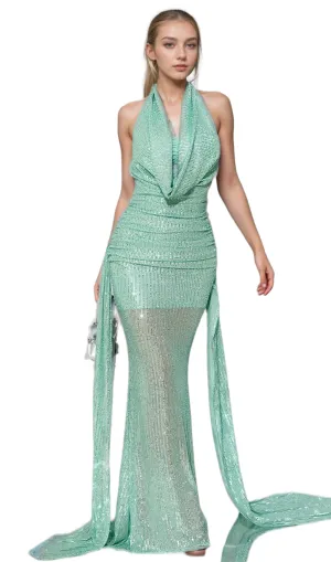 agatha Cowl Backless Sequin Maxi Dress in green Gloria Lanvin