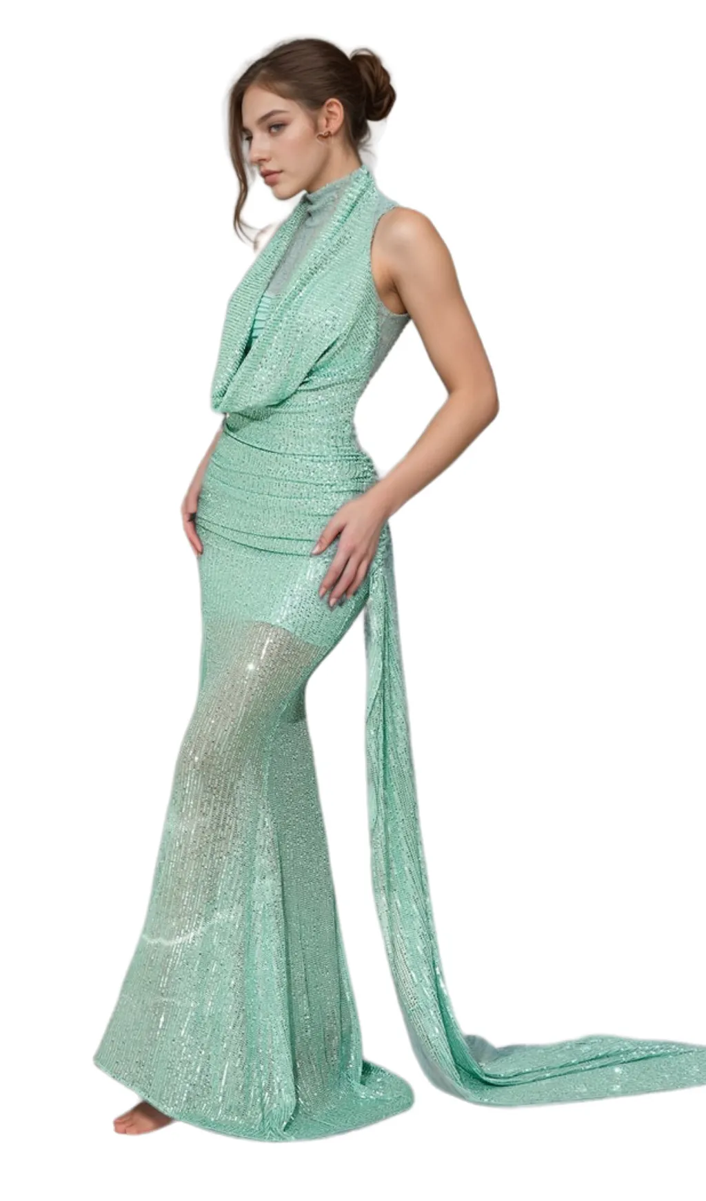 agatha Cowl Backless Sequin Maxi Dress in green Gloria Lanvin