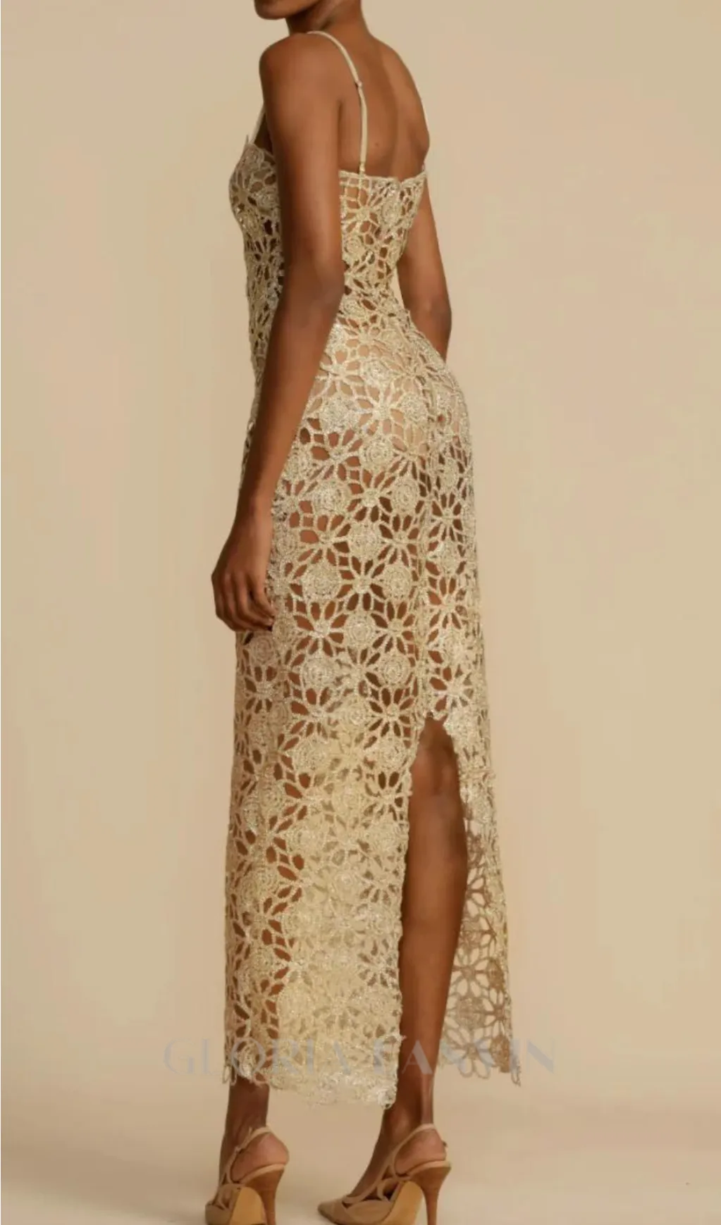 AGNES GOLD LACE CROCHET CUTOUT MIDI DRESS Gloria Lanvin