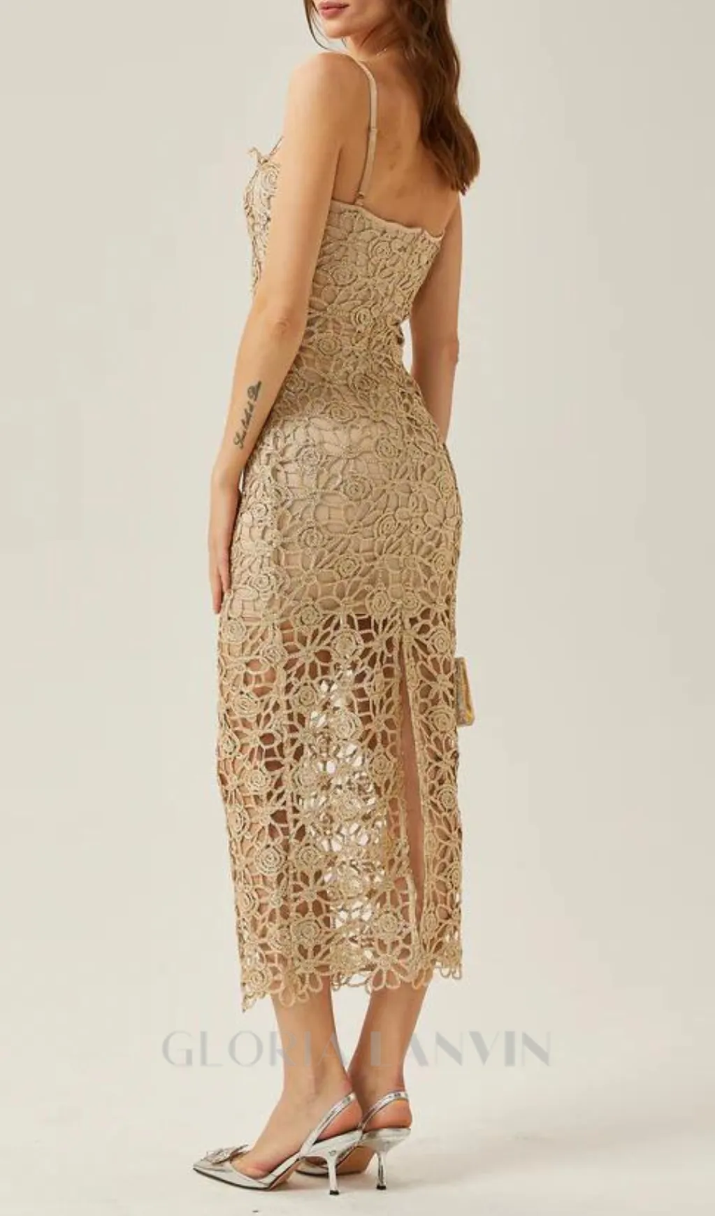 AGNES GOLD LACE CROCHET CUTOUT MIDI DRESS Gloria Lanvin