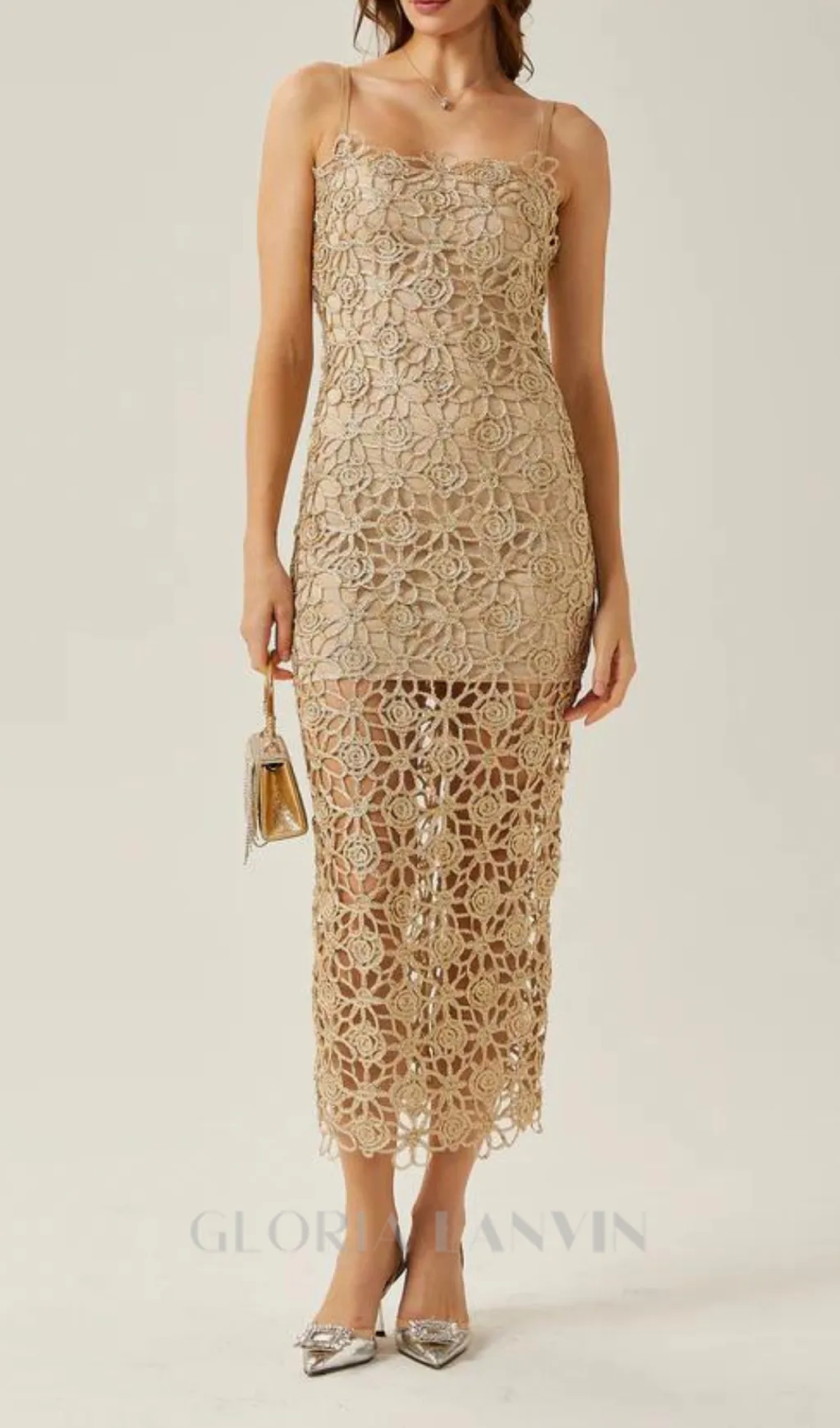 AGNES GOLD LACE CROCHET CUTOUT MIDI DRESS Gloria Lanvin