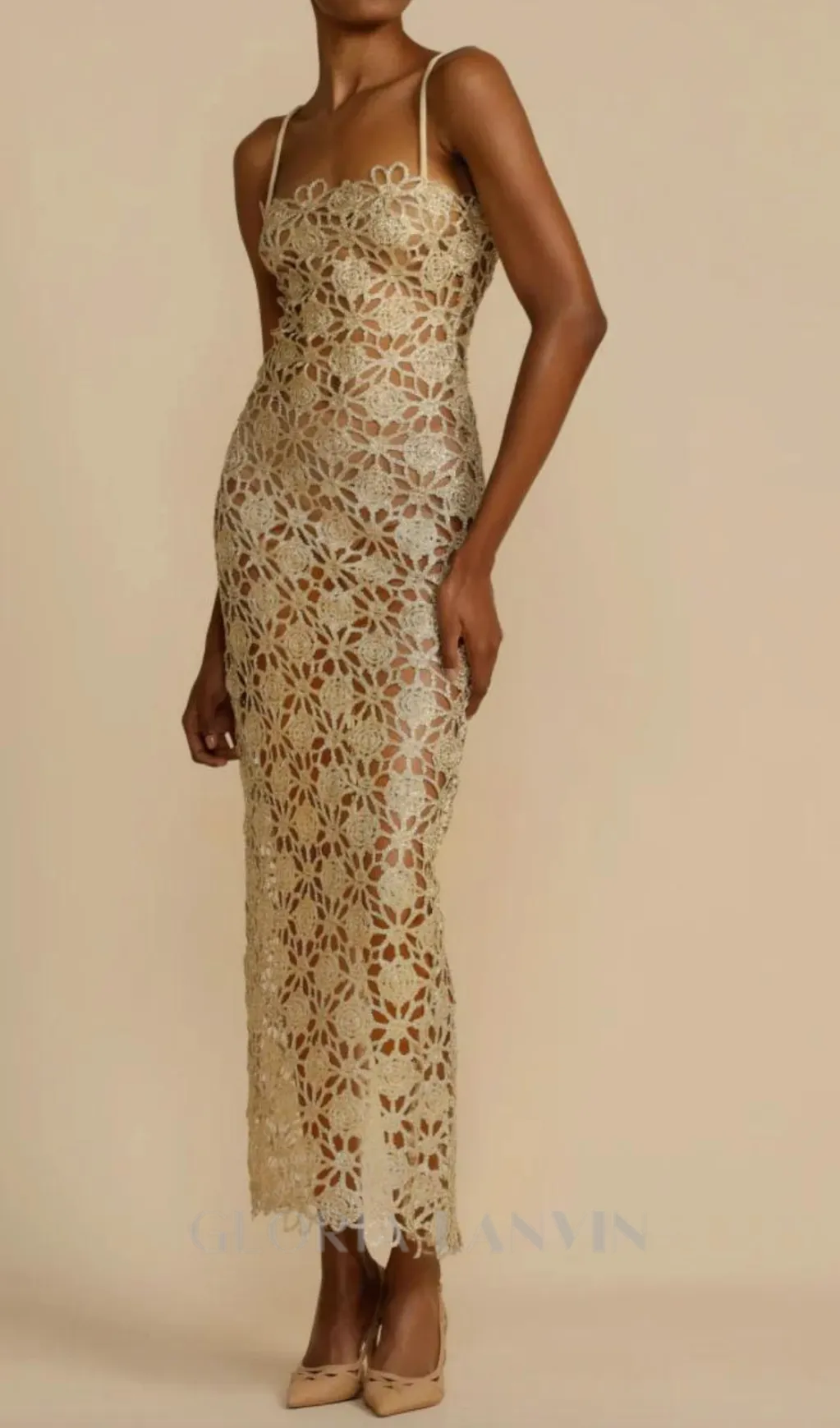 AGNES GOLD LACE CROCHET CUTOUT MIDI DRESS Gloria Lanvin