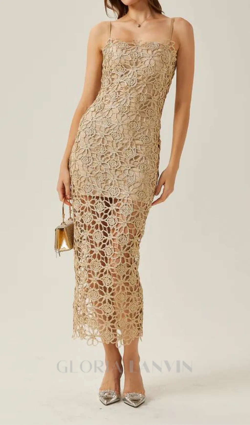 AGNES GOLD LACE CROCHET CUTOUT MIDI DRESS Gloria Lanvin