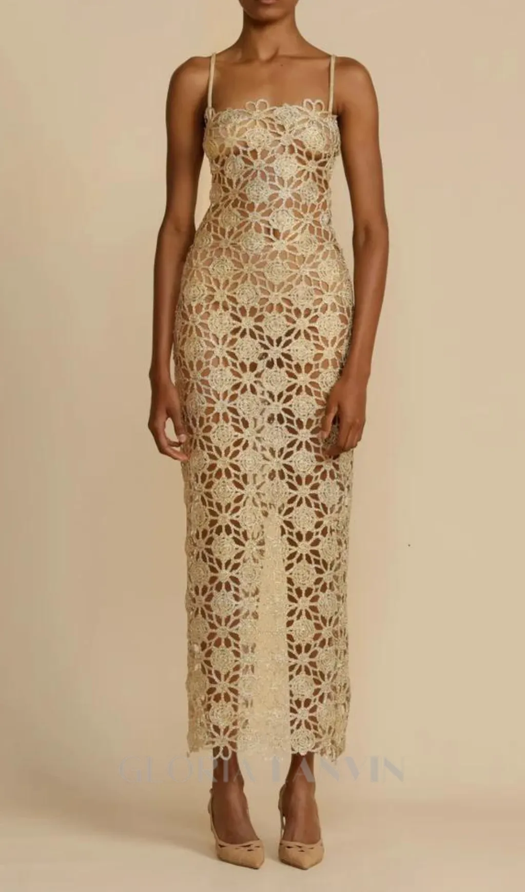 AGNES GOLD LACE CROCHET CUTOUT MIDI DRESS Gloria Lanvin