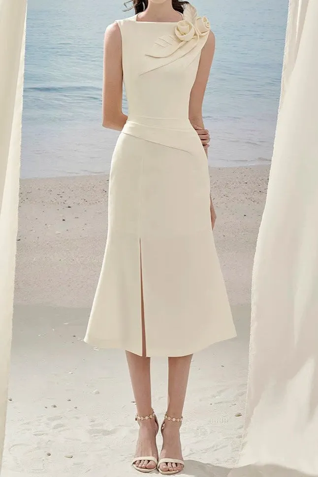 alani flower slim split midi dress in apricot Gloria Lanvin
