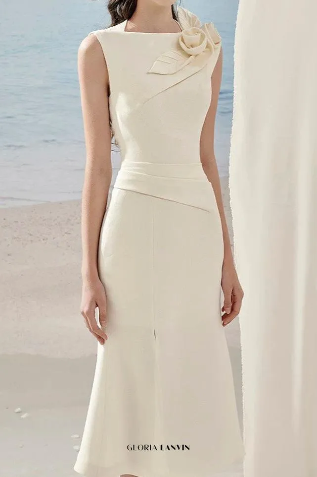 alani flower slim split midi dress in apricot Gloria Lanvin