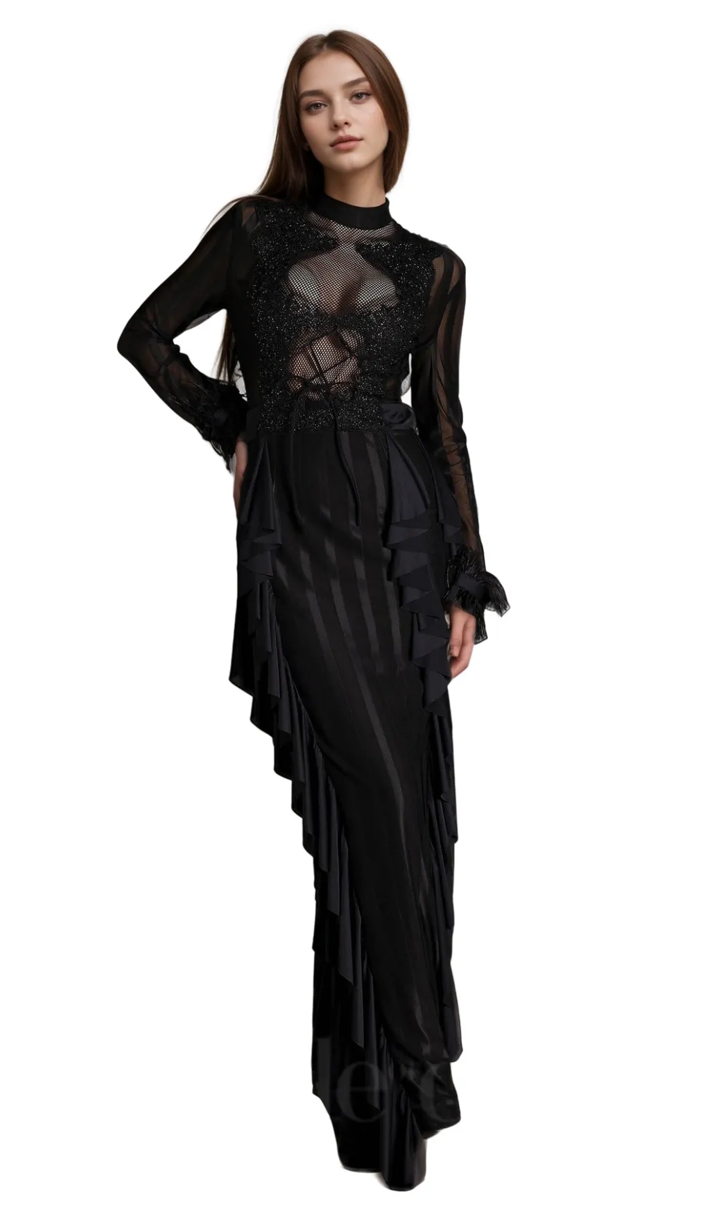 alani Panagas Long Sleeve Mesh Ruffle Dress Gloria Lanvin