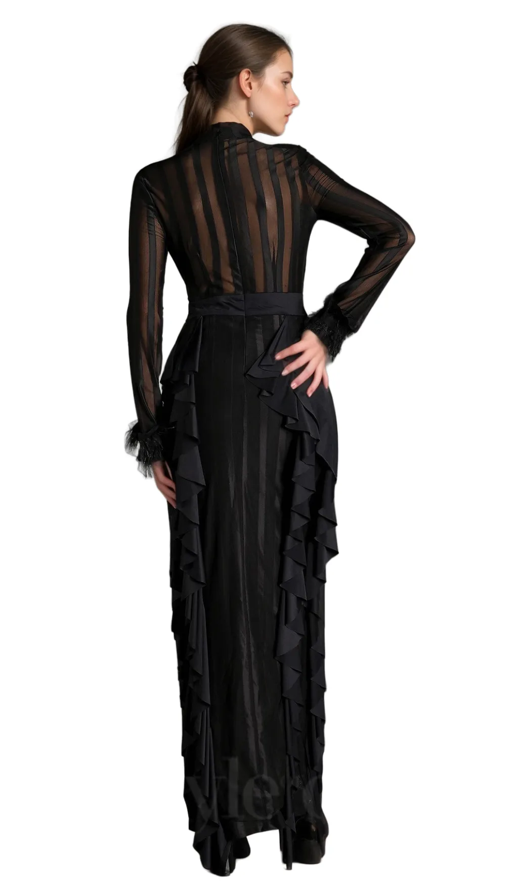 alani Panagas Long Sleeve Mesh Ruffle Dress Gloria Lanvin