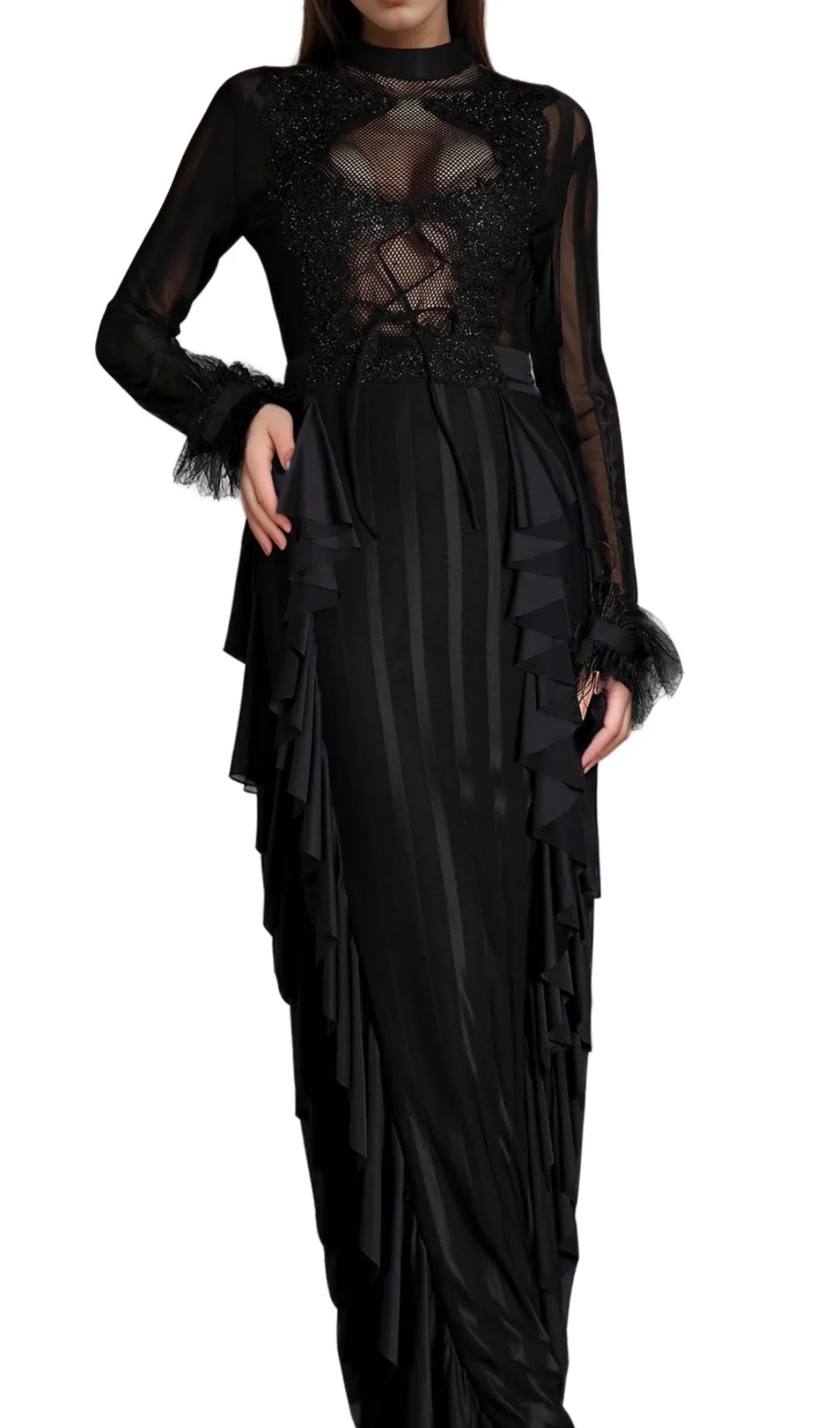 alani Panagas Long Sleeve Mesh Ruffle Dress Gloria Lanvin