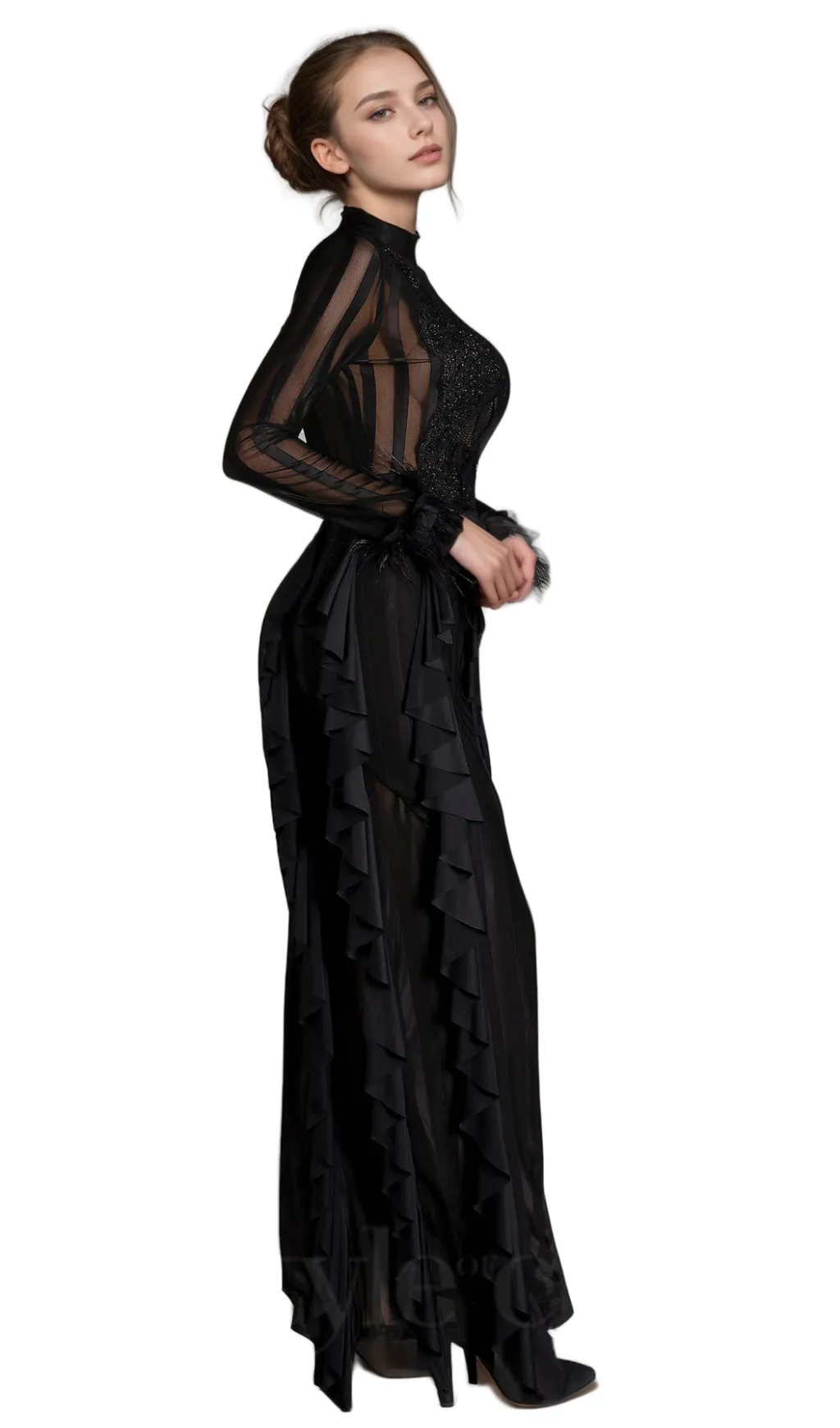 alani Panagas Long Sleeve Mesh Ruffle Dress Gloria Lanvin