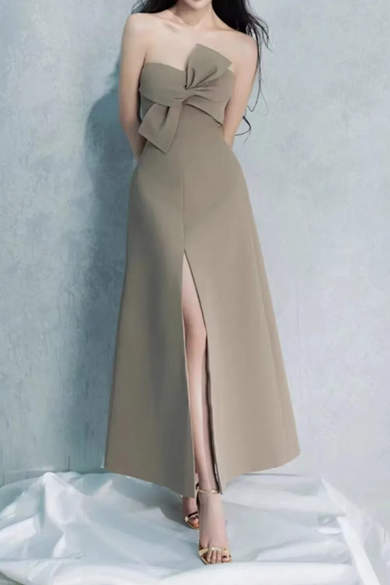 alberta bowknot strapless slit midi dress in grey green Gloria Lanvin