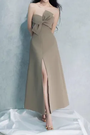 alberta bowknot strapless slit midi dress in grey green Gloria Lanvin