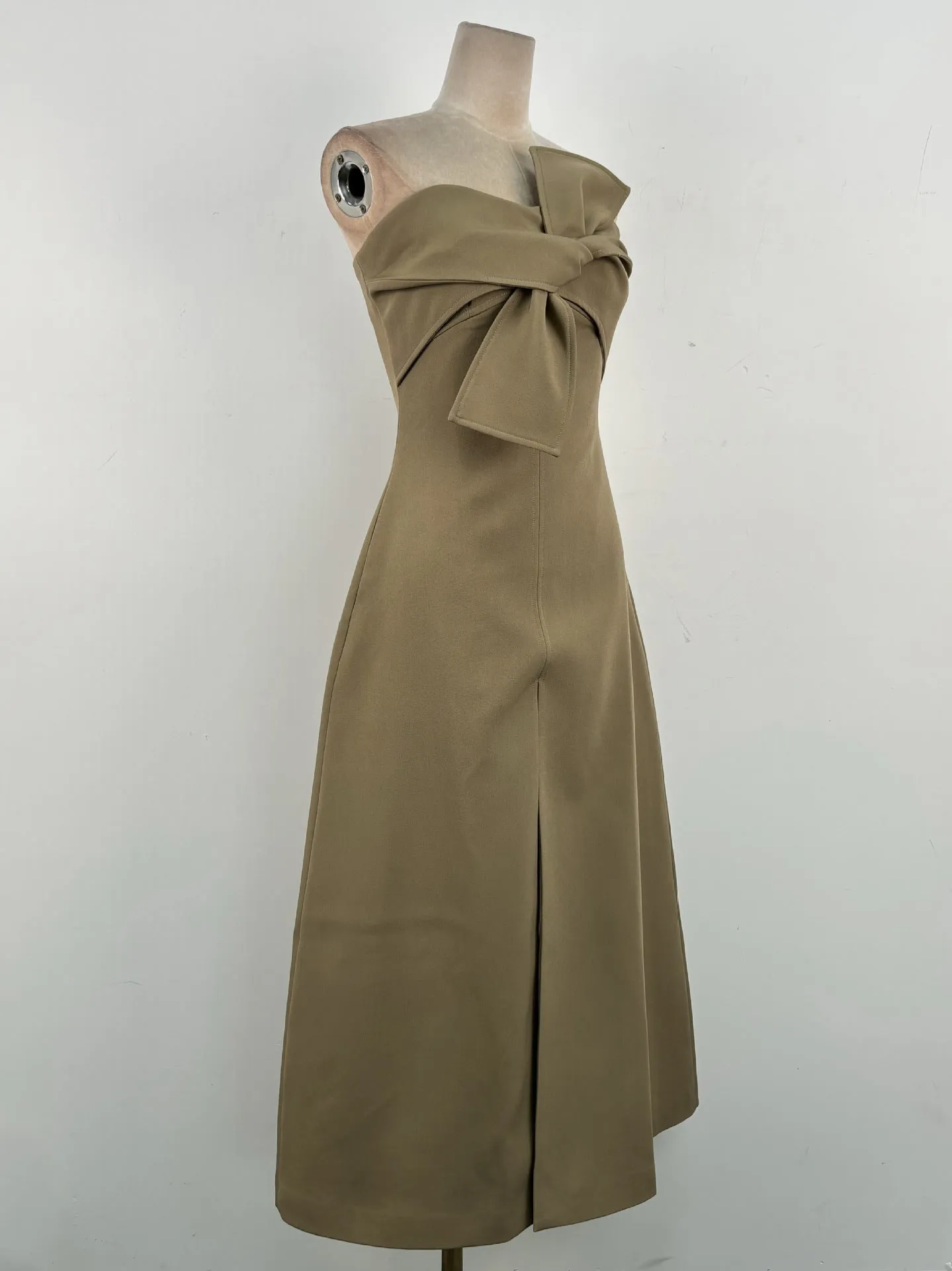 alberta bowknot strapless slit midi dress in grey green Gloria Lanvin