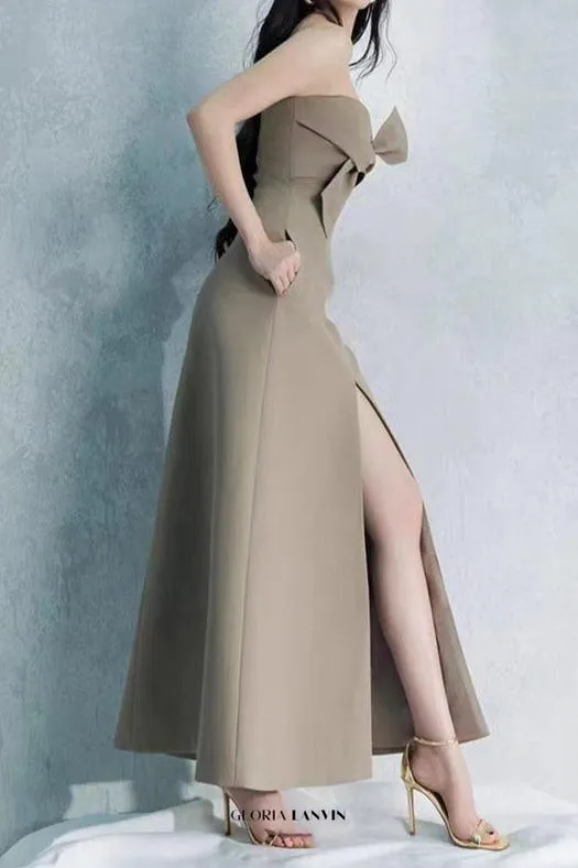 alberta bowknot strapless slit midi dress in grey green Gloria Lanvin