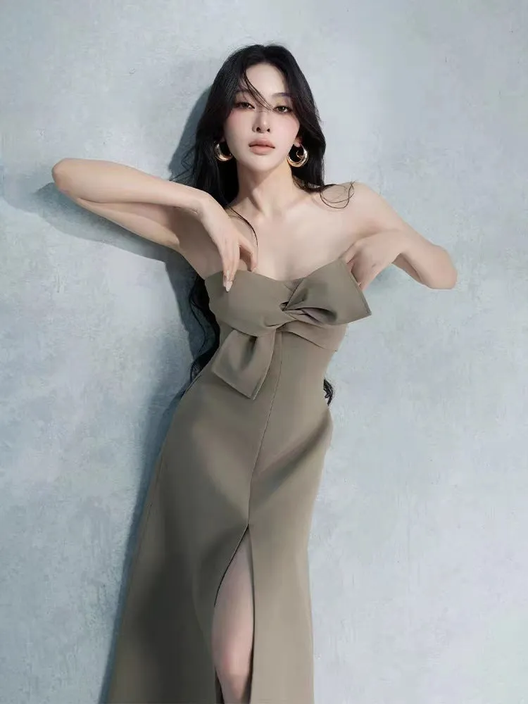 alberta bowknot strapless slit midi dress in grey green Gloria Lanvin