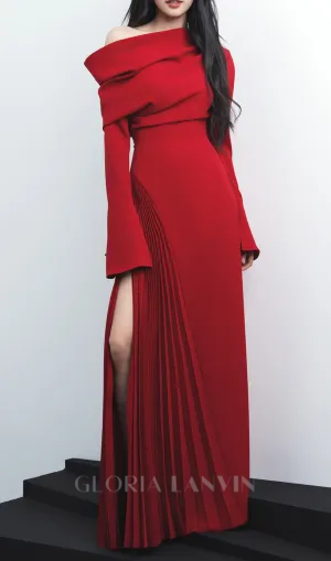ALBERTA RED ONE SHOULDER SLIT PLEATED MAXI DRESS Gloria Lanvin