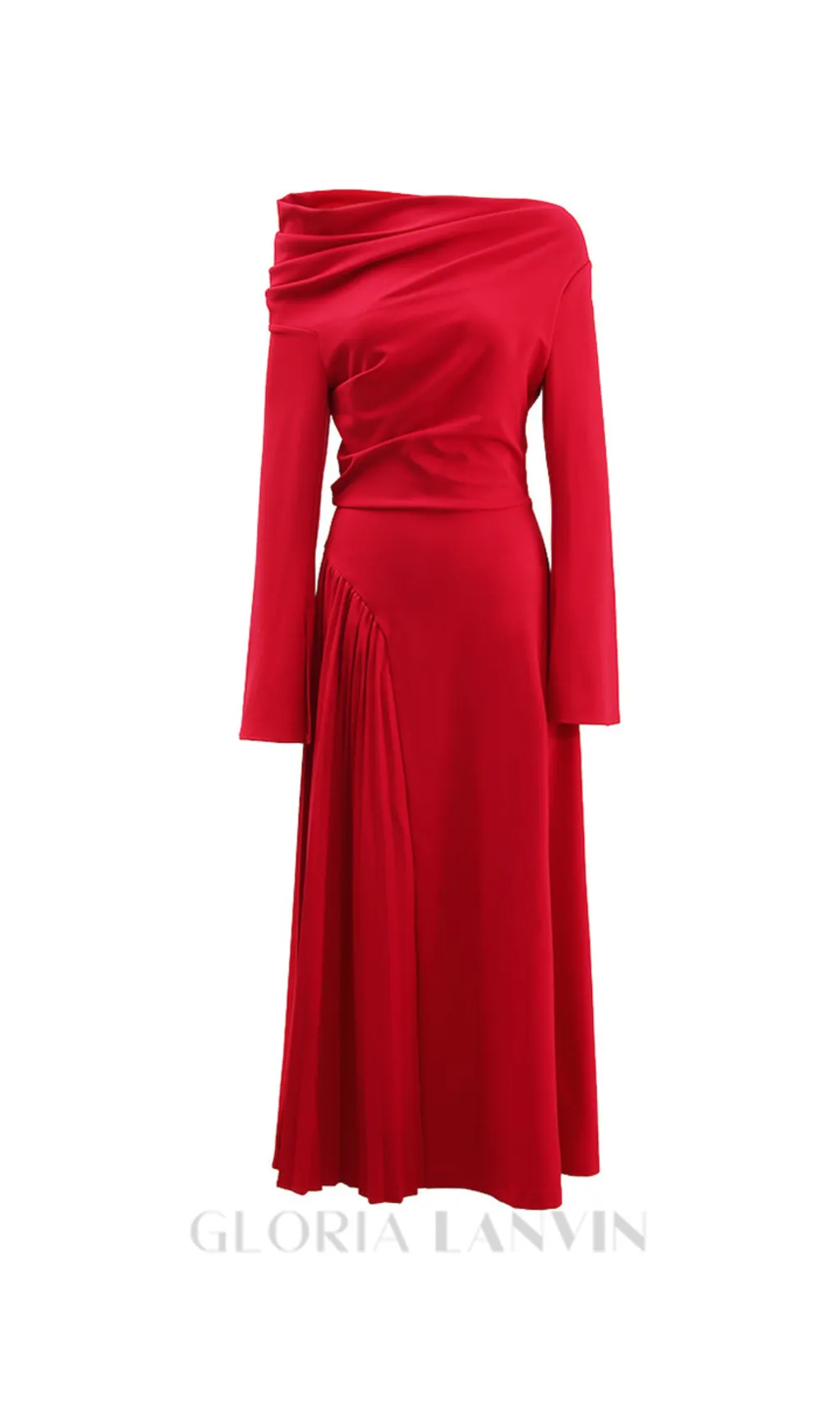 ALBERTA RED ONE SHOULDER SLIT PLEATED MAXI DRESS Gloria Lanvin