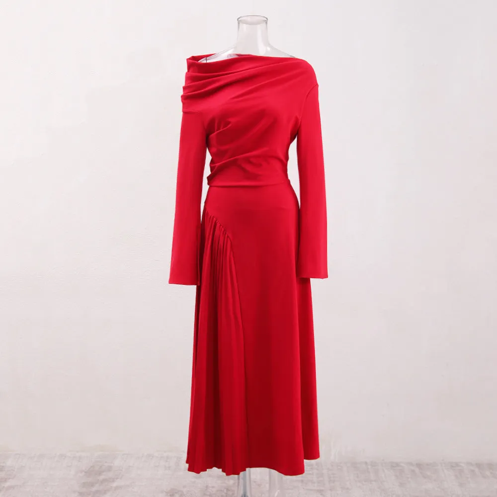 ALBERTA RED ONE SHOULDER SLIT PLEATED MAXI DRESS Gloria Lanvin