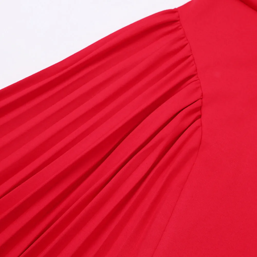 ALBERTA RED ONE SHOULDER SLIT PLEATED MAXI DRESS Gloria Lanvin