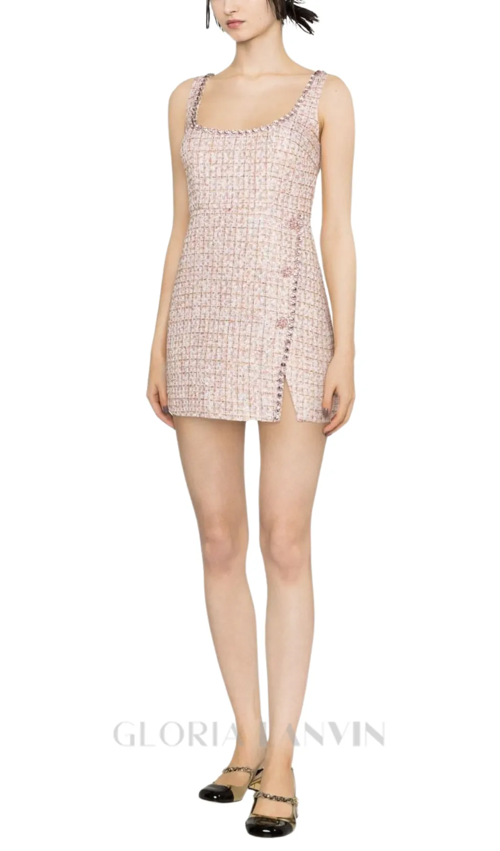 ALEXANDRA DIAMANT TRIM BOUCLE MINI DRESS IN PINK Gloria Lanvin