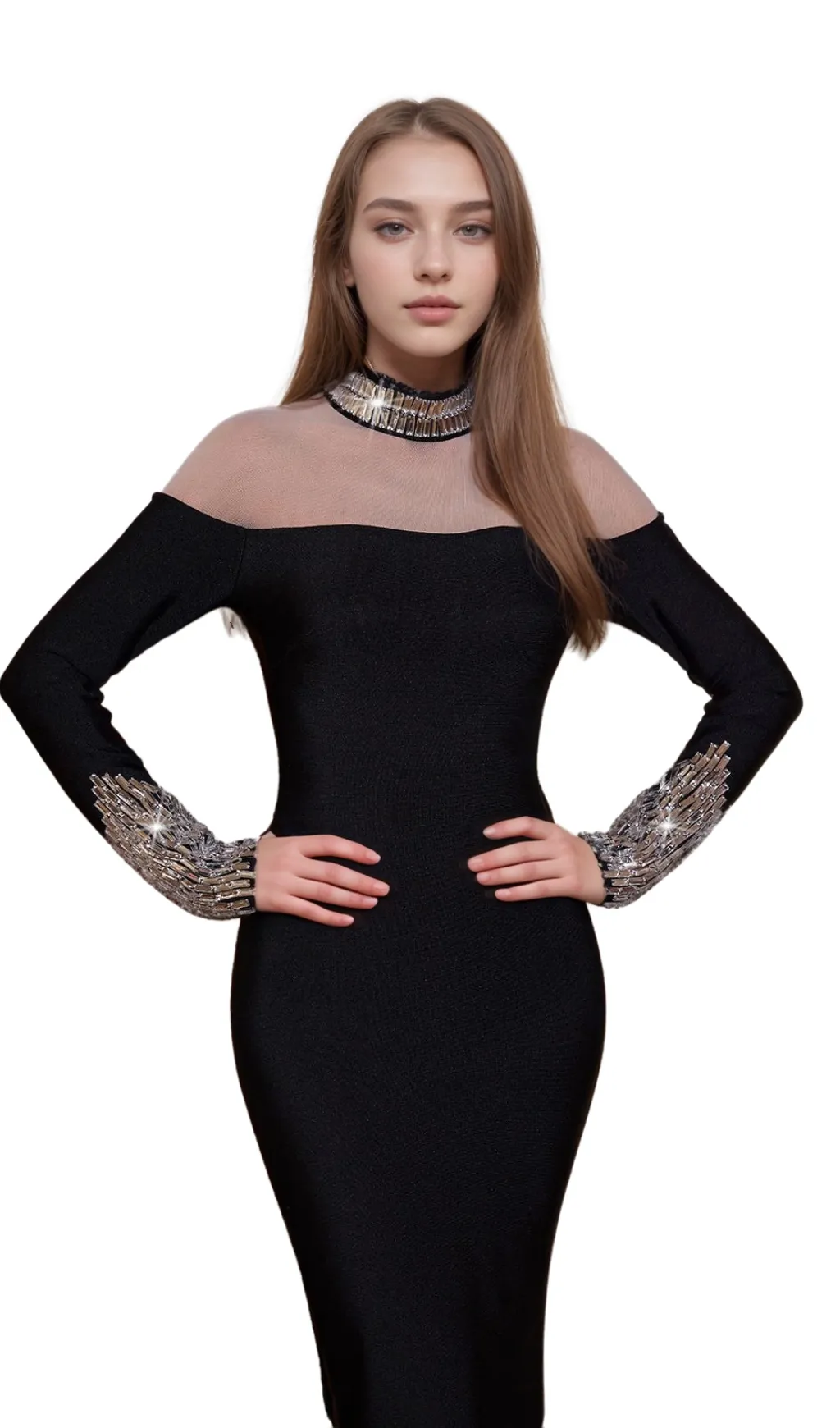alexandra Long Sleeve Rhinestone Bandage maxi Dress in black Gloria Lanvin