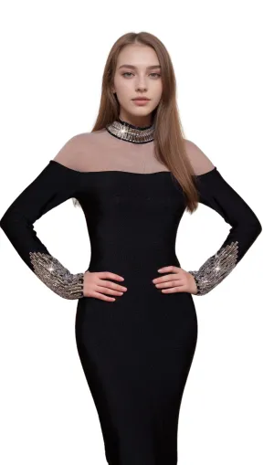 alexandra Long Sleeve Rhinestone Bandage maxi Dress in black Gloria Lanvin